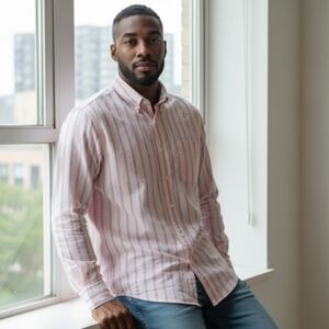 Men's Steve and Barry's Blue Pink and White Stripe Button Down